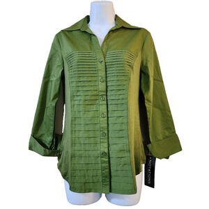 NEW Notations Womens Top Size S Green 3/4 Sleeve Button Down Pleated Blouse